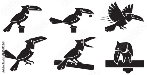 Set of six black silhouettes of toucans in various poses, isolated on a white background.