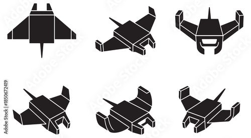 Collection of stylized spaceship icons in different isometric views, perfect for sci-fi projects.