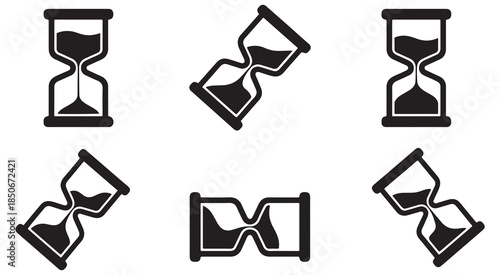 Set of hourglass icons showing different stages of time passing and various angles.