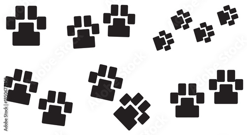 Collection of stylized black paw prints on a white background, representing animal tracks.