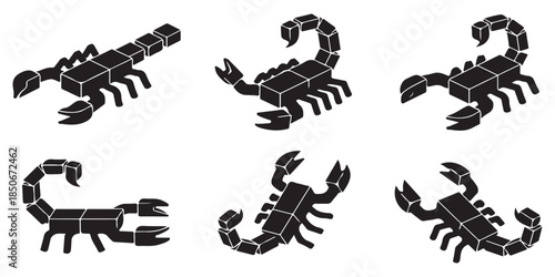 Set of six black isometric scorpion icons on a white background, representing different poses and angles.