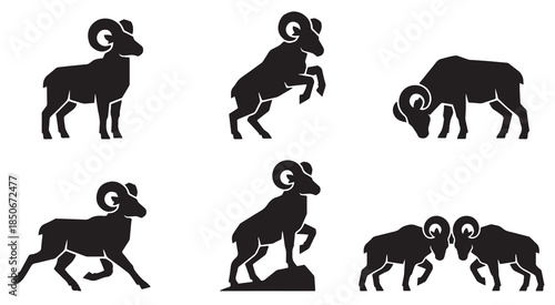Collection of Silhouette Illustrations of Bighorn Sheep in Various Poses.