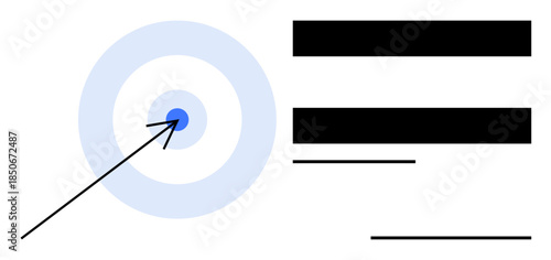 Target with concentric circles and a blue center, pierced by an arrow. Black rectangular text lines to the right. Ideal for focus, planning, precision, strategy, goal success. A simple flat metaphor