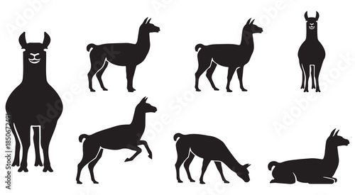 Collection of silhouette illustrations of llamas in various poses, showcasing their distinct shapes and forms.