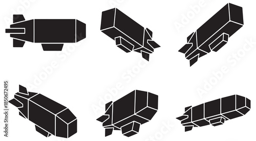 Collection of six isometric blimps in black silhouette against a white background, showcasing different angles and perspectives of the airships.