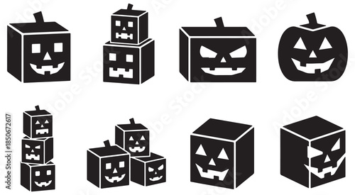 Collection of stylized Halloween pumpkin icons with carved faces in a cubic and round design.