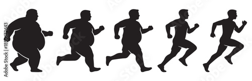 Silhouette progression of a person running from overweight to fit, illustrating weight loss and fitness journey.