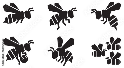 Set of six black silhouette icons depicting bees in various poses and actions, isolated on a white background.