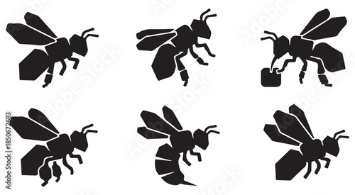 Set of six stylized black bee icons in different poses, isolated on a white background.