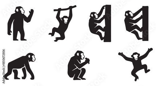 Collection of stylized silhouette icons representing monkeys in various poses and actions.