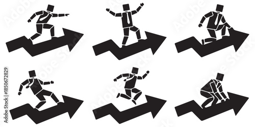 Six stylized businessmen in silhouette riding on upward trending arrows, symbolizing progress and success in business.