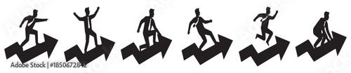 Set of six black silhouette icons depicting a person in motion on a zigzag arrow, representing progress and movement.