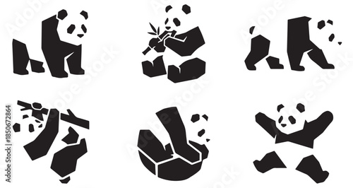 Set of stylized black and white panda bear illustrations in various poses and activities, perfect for graphic design and branding.