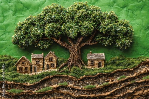 Diorama of Miniature Stone Houses Under a Large Tree