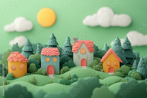 Papercraft village landscape with houses and trees under the sun
