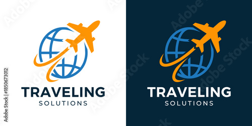 Traveling logo design illustration. Travel agency logo. Abstract globe design with airplane vector symbol inspiration.