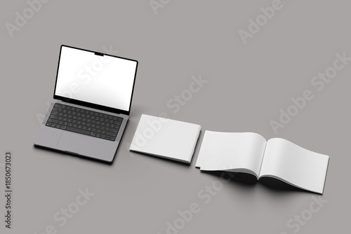 Book or magazine open blank pages. Vector isolated 3D catalog brochure or A4 horizontal landscape album booklet mockup with Laptops Mockups With Blank Screens, Front View, Isolated On White Background