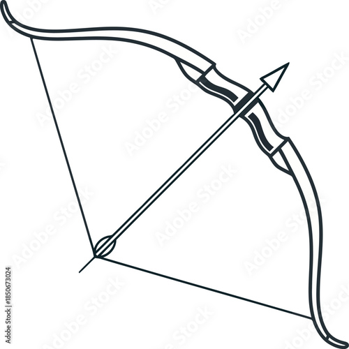 Professional vector illustration of a traditional recurve bow with a nocked arrow. Clean, minimalist archery graphic is perfect for hunting logos, sporting goods branding, and historical weapon art.