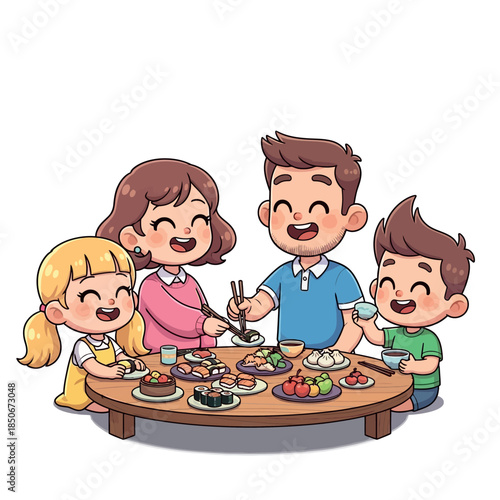 Happy family enjoying a meal together at a dining table with various dishes az-25 style