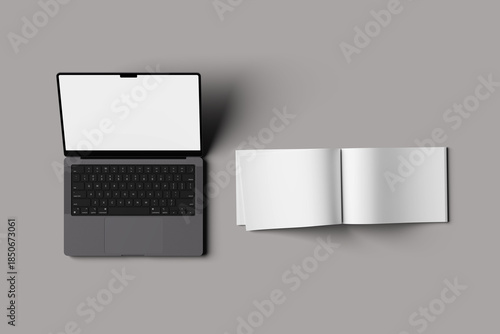 Book or magazine open blank pages. Vector isolated 3D catalog brochure or A4 horizontal landscape album booklet mockup with Laptops Mockups With Blank Screens, Front View, Isolated On White Background