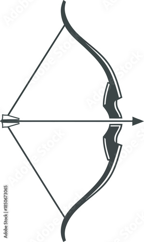 Sleek vector illustration of a modern recurve bow with a nocked arrow. This minimalist black and white archery graphic is perfect for sporting goods logos, hunting equipment branding, and shooting art
