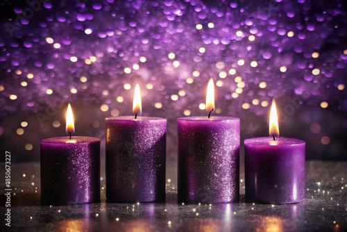 Advent Candles - Four Purple Candlelights Glowing In Shiny Dark Background With Glittering And Abstract Lights
