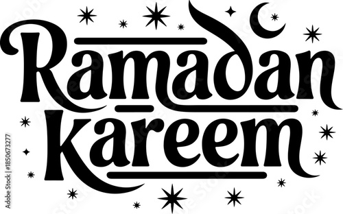 Retro 70s style Ramadan Kareem typography with stars and moon elements for stickers and apparel