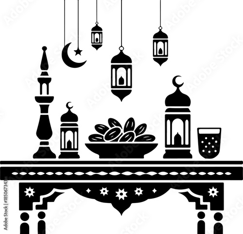 Ramadan Iftar table silhouette with dates, lanterns, mosque and moon elements for holy month celebration