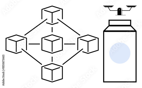Blockchain security, decentralized logistics, supply chain, quadcopter operations, innovation, technology. Network of interconnected blocks and Quadcopter delivery system. Blockchain security