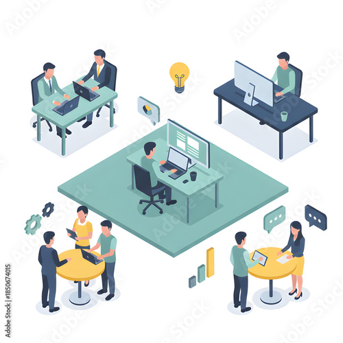 isometric flat vector illustration of office workers in different work situations