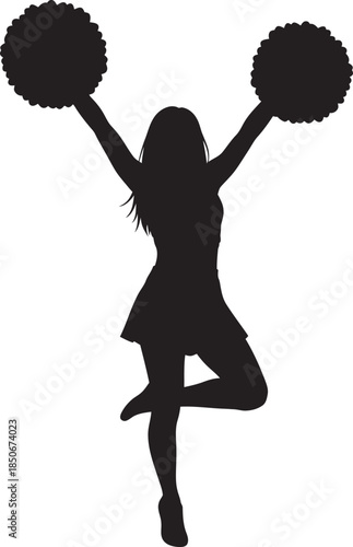 High-quality cheerleader silhouette vector featuring a dynamic girl holding pom-poms in a celebratory pose. Perfect for sports graphics, school spirit designs, and dance team logos.