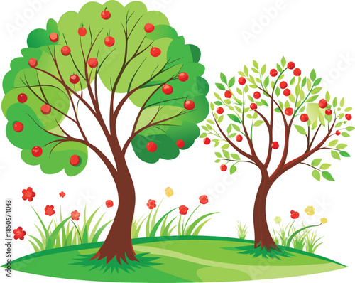 Two apple trees with red apples and green leaves