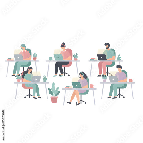 flat vector illustration of office workers in quiet focus mode, calm poses, soft pastel colors, minimal distractions
