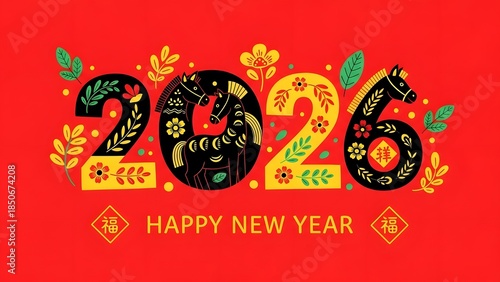 Chinese New Year 2026 Year of the Horse Greeting Card, Happy New Year Folk Art Floral Illustration