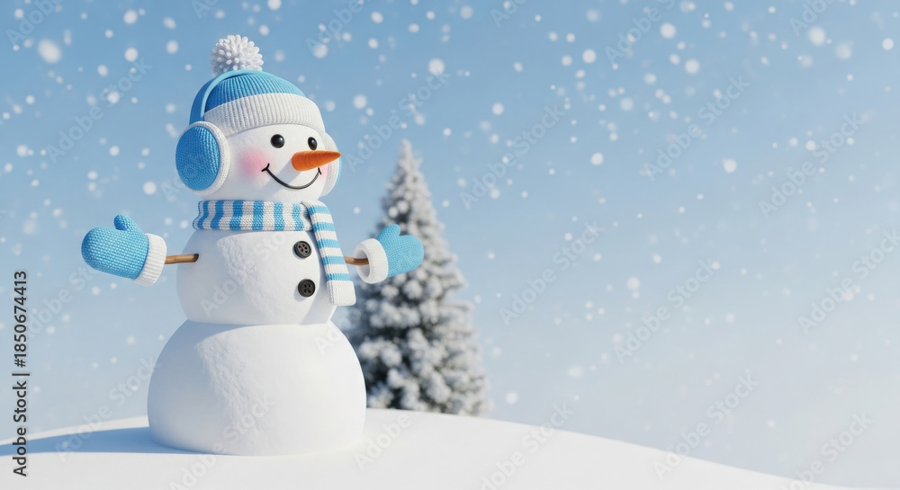 Fototapeta premium Smiling Snowman with Blue Earmuffs and Scarf in Snowy Winter Landscape