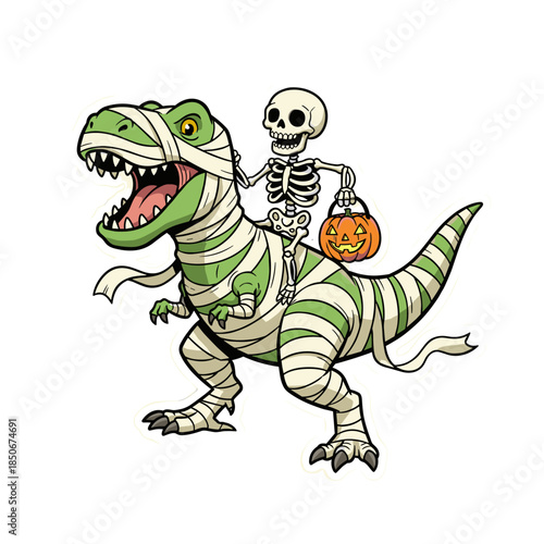 Cute Dinosaur and Skeleton Riding Illustration