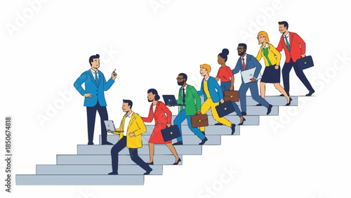 Diverse group of professionals climbing stairs led by a confident businessman.