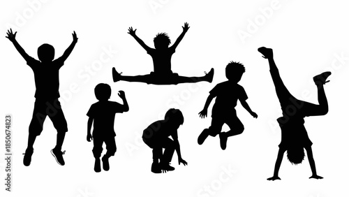 Diverse Silhouettes of Children Engaged in Various Energetic Activities.