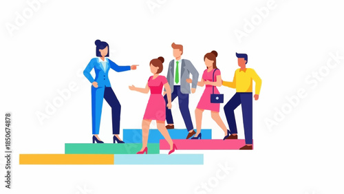 Diverse group of professionals climbing stairs representing career growth and success.