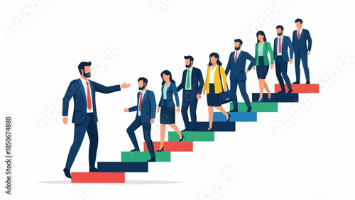 Business team climbing stairs towards success led by a confident leader.