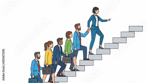 Diverse group of professionals climbing stairs together towards success.