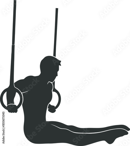 Professional male gymnast silhouette vector performing an L-sit on still rings. High-quality athletic graphic perfect for gymnastics competition branding, fitness club logos, and strength training.