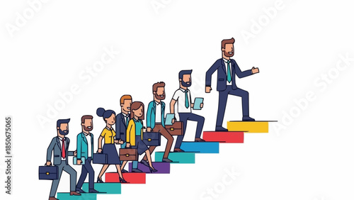 Team climbing stairs towards success led by a confident leader.