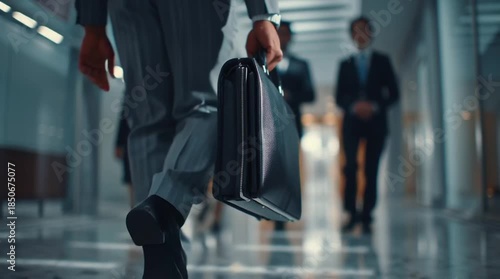 Cinematic low-angle close-up of a professional hand holding a sleek black briefcase, walking through a dimly lit office corridor at night, dramatic lighting, blurred coworkers, slow push-forward
