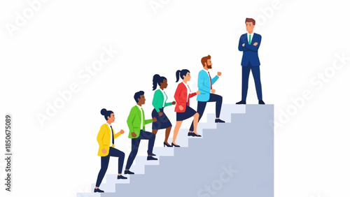 Diverse group of professionals ascending stairs towards a leader.