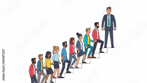 Diverse group of people following a leader up stairs.