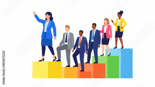 Diverse group of business professionals climbing stairs representing success.