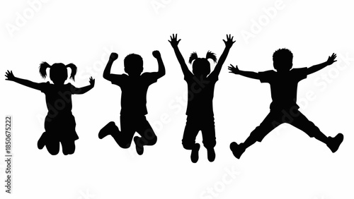 Diverse group of children jumping joyfully in silhouette.