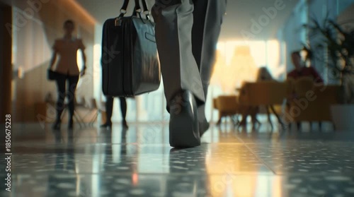 Ultra-realistic vertical video of a corporate office worker walking confidently, hand gripping sleek black briefcase, polished floor reflections, blurred colleagues, cinematic rise-to-success vibe