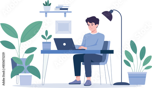 Young professional working remotely on laptop in modern home office